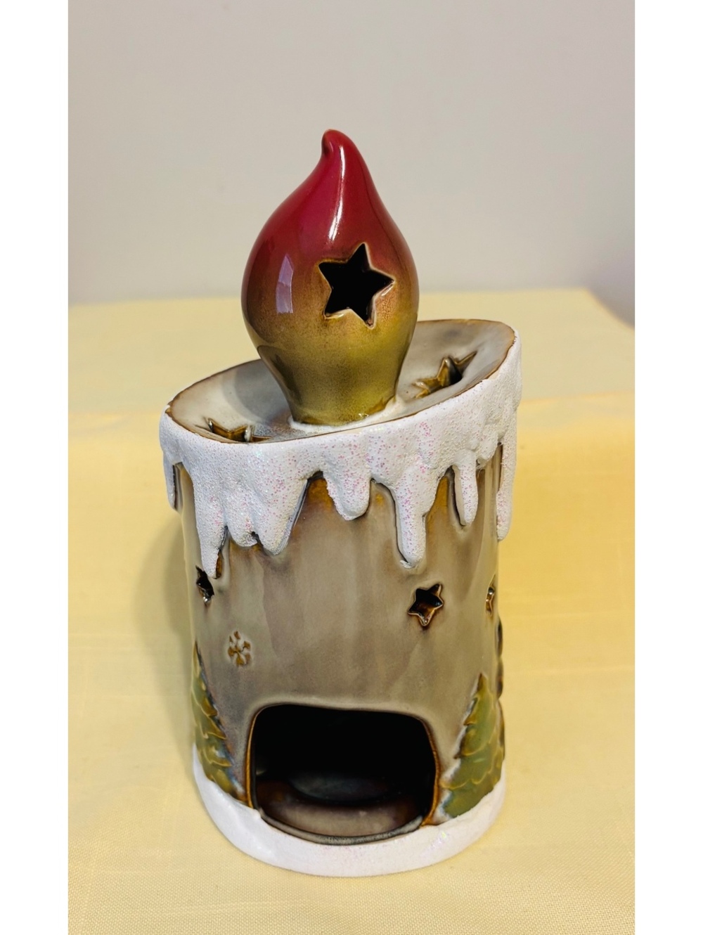 Vintage Ceramic Electric Christmas Votive Candle Cardinals Winter Snow Star